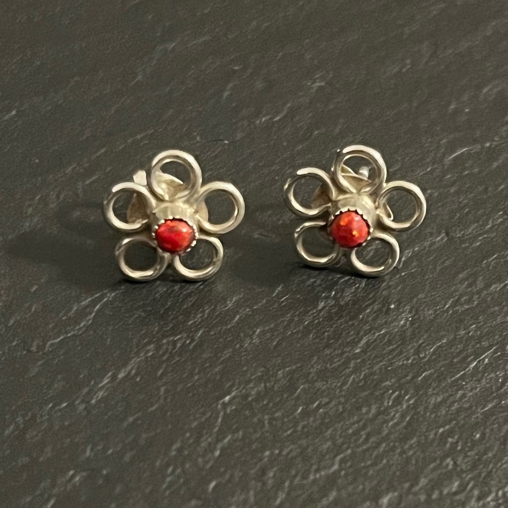 Handmade Sterling Silver Red Fire Opal Post Earrings